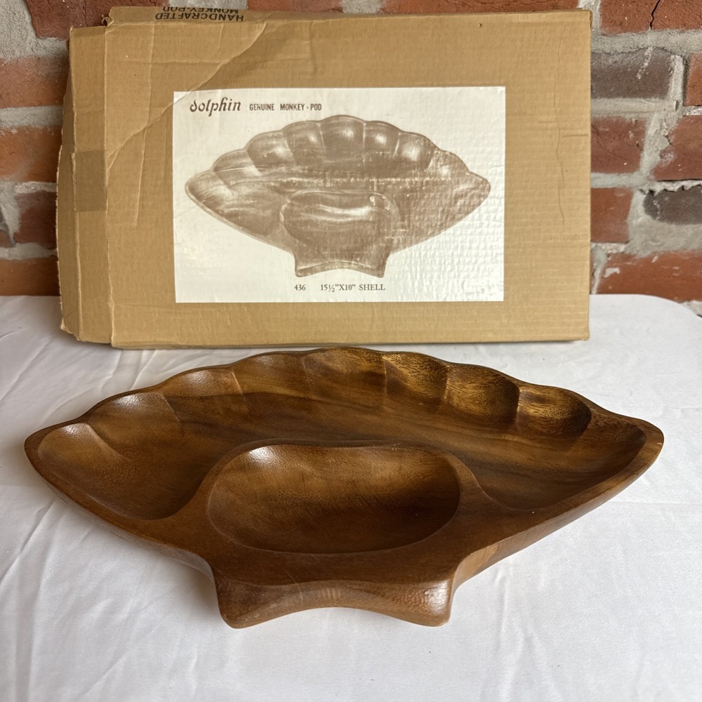 Vintage Monkey Pod Clam Shell Bowl By Dolphin 15.5x10x1.5 original box